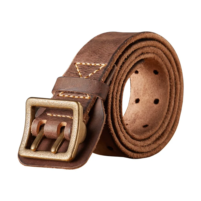トップレイヤー牛革ヴィンテージダブルニードルバックルベルトメンズ銅バックルファッション個性多用途ベルト