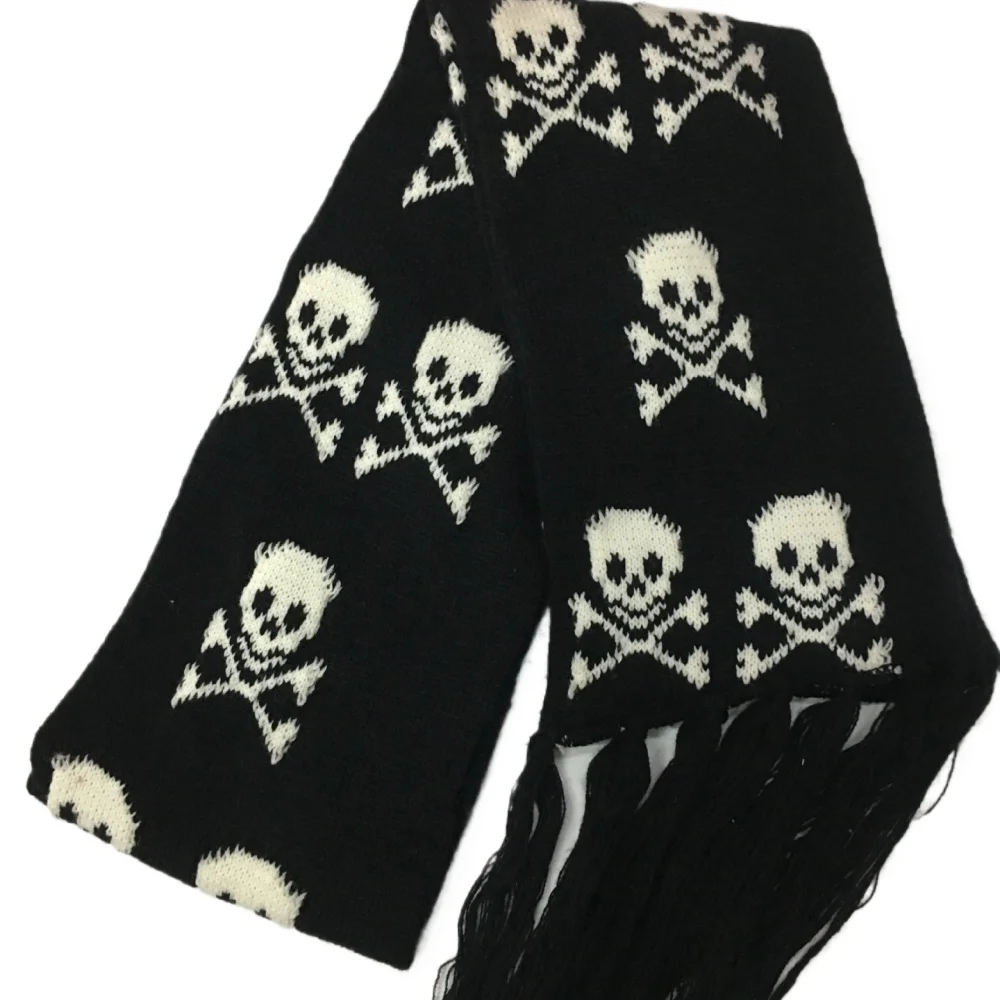 Halloween Skull Scarf Gothic Winter Knitted Black Dark Shawl Acrylic Tassels Harajuku Skeleton Wrap with Fringes for Women Men