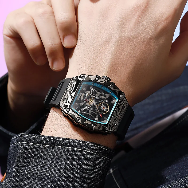 Carbon Fiber Alloy Black Knight Series Full Skeleton Luminous Waterproof Self-Wind Automatic Watch for Men