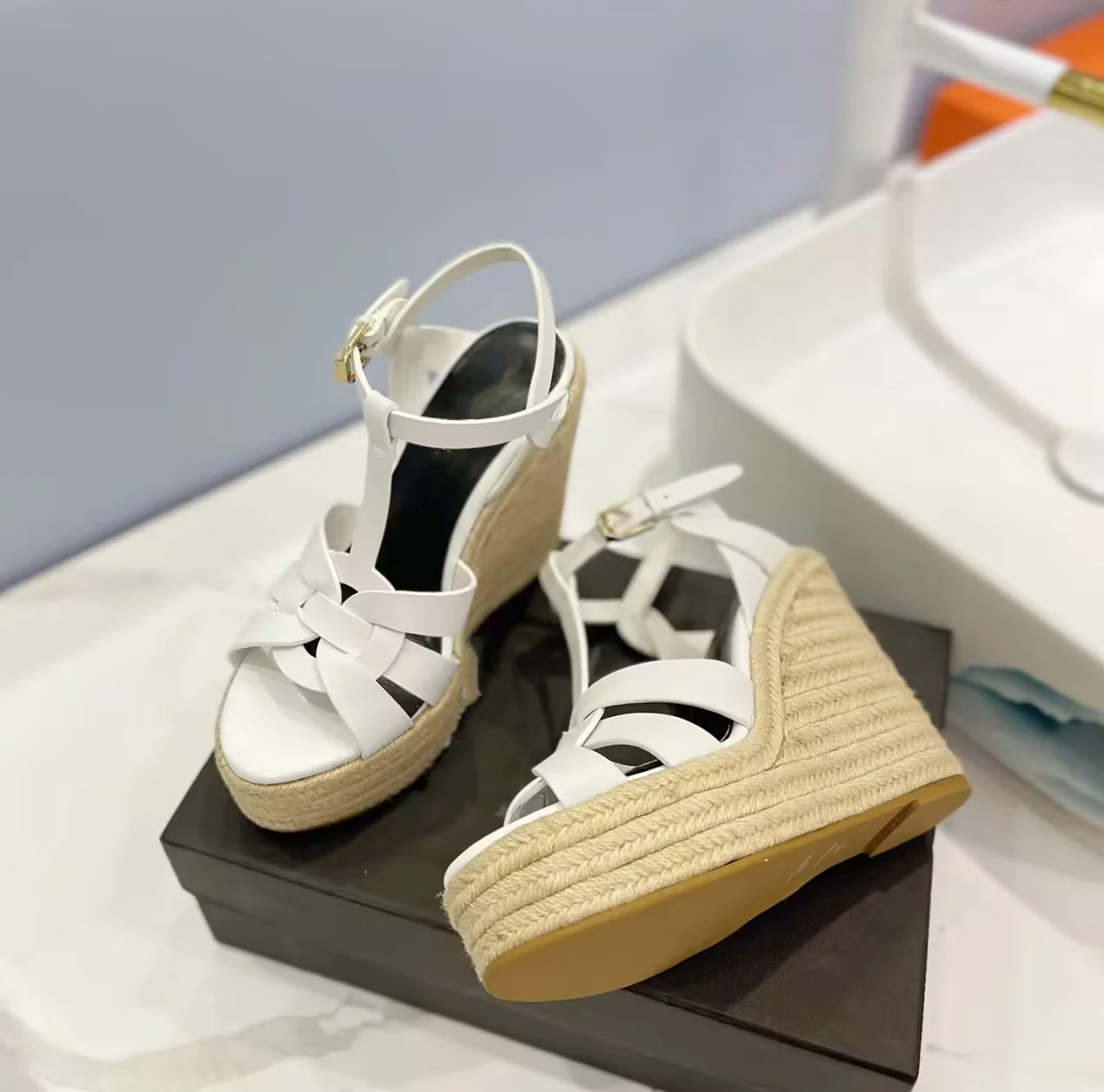 Black Round Toe Platform Women Sandals Weave Wedges High Heels Buckle Strap Design Large Size Fashion Show Shoes