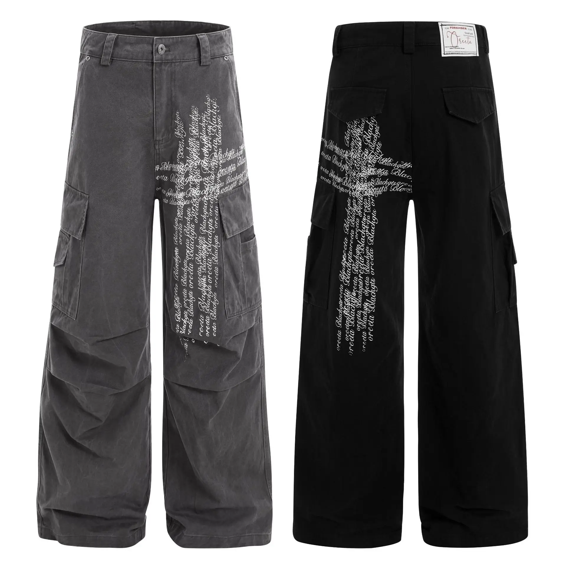 OR FL American Street Style Letter Print 100 Cotton Women Cargo Trousers Retro Pleats Staraight Slacks Women's Wide Leg Pants