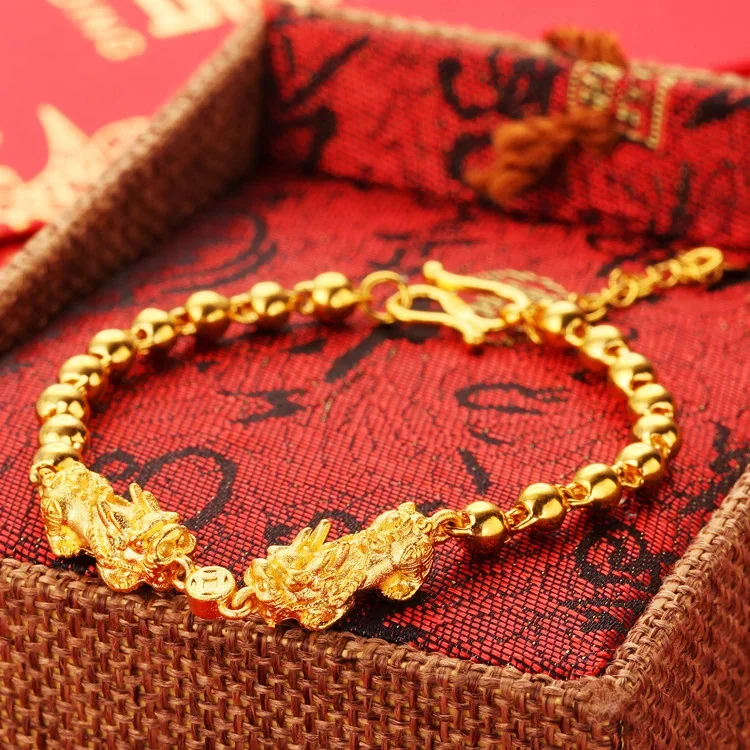 

New Brass Plated Thick Gold Light Bead Pi Xiu Bracelet Introduction Gold African Wedding Bracelet No Color Fading Jewelry