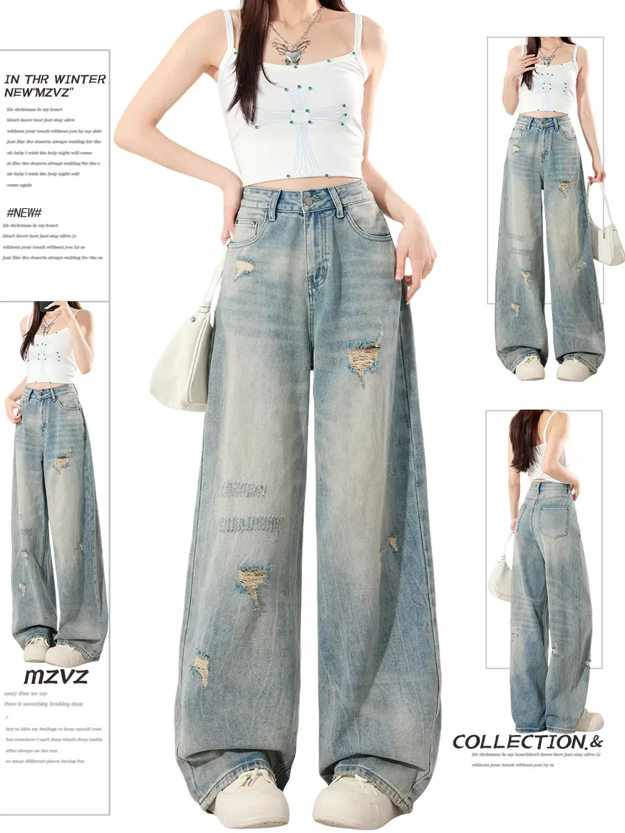 Women Blue Y2k Ripped Jeans Vintage Harajuku Grunge Oversize Washed Denim Trousers Baggy Wide Leg Long Pants Alternative Clothes