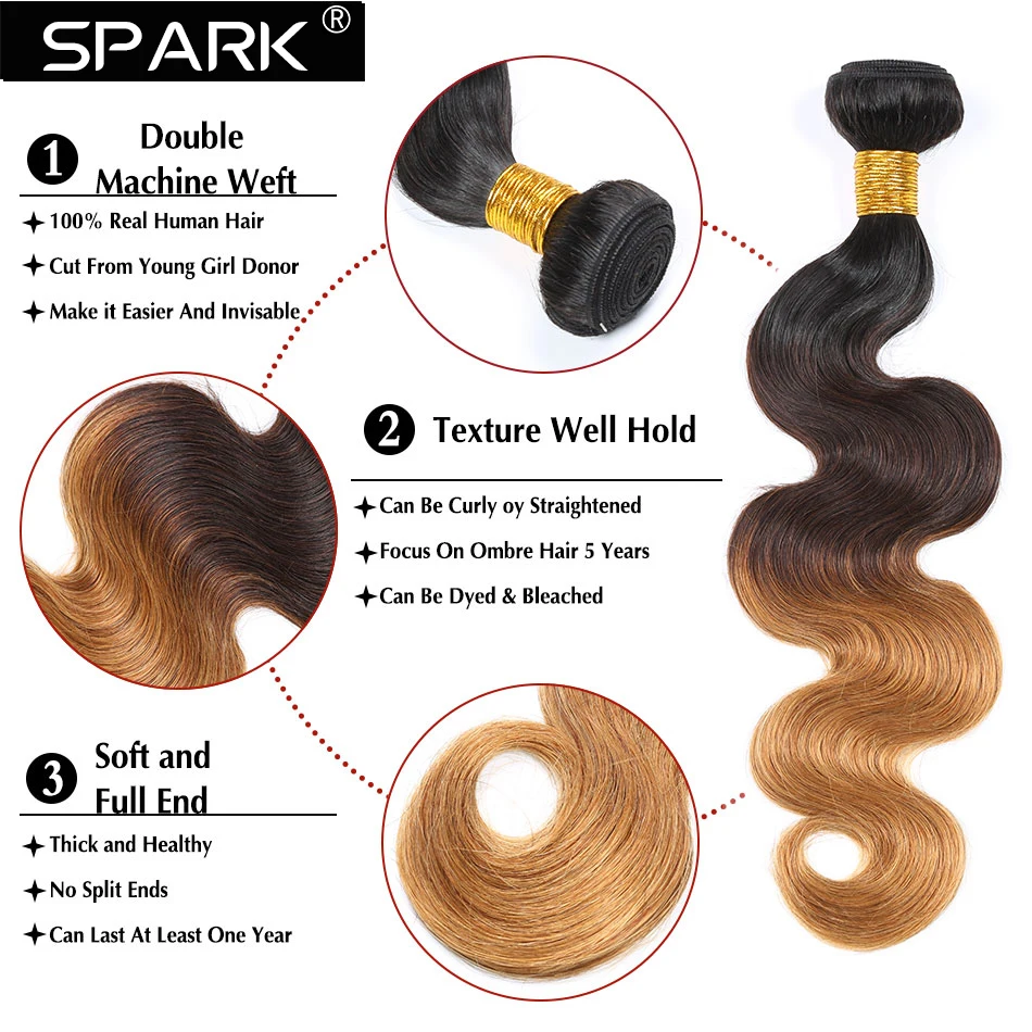 Spark Hair-Peruano Loose Body Wave Pacotes de cabelo humano com fechamento, cabelo remy para mulheres negras, cor marrom ombre