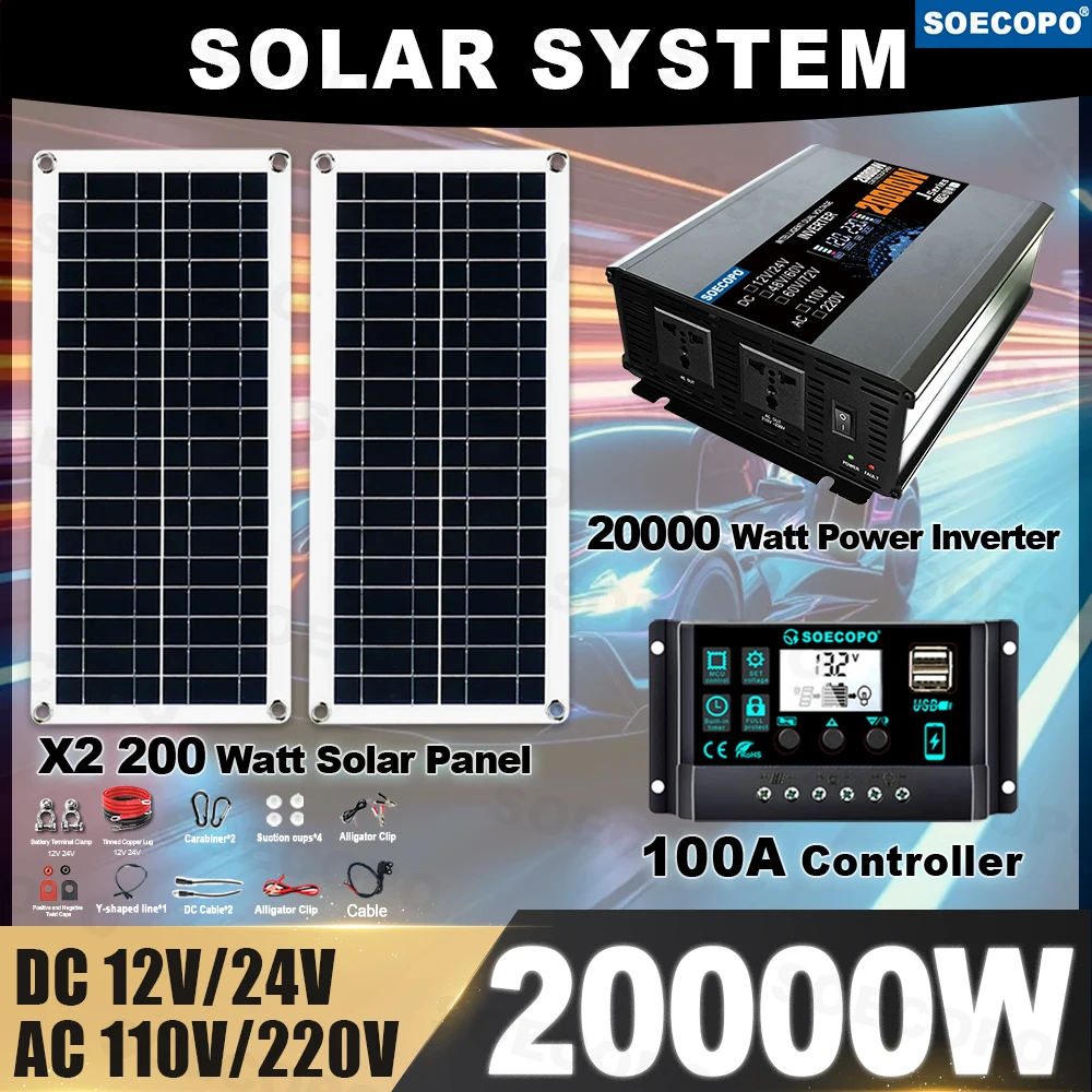 

Camping equipment 20000W Solar Kit 12V/24V DC 110V 220V AC Inverter Durable 100A Controller 2×200W Panel for Trailer Light party