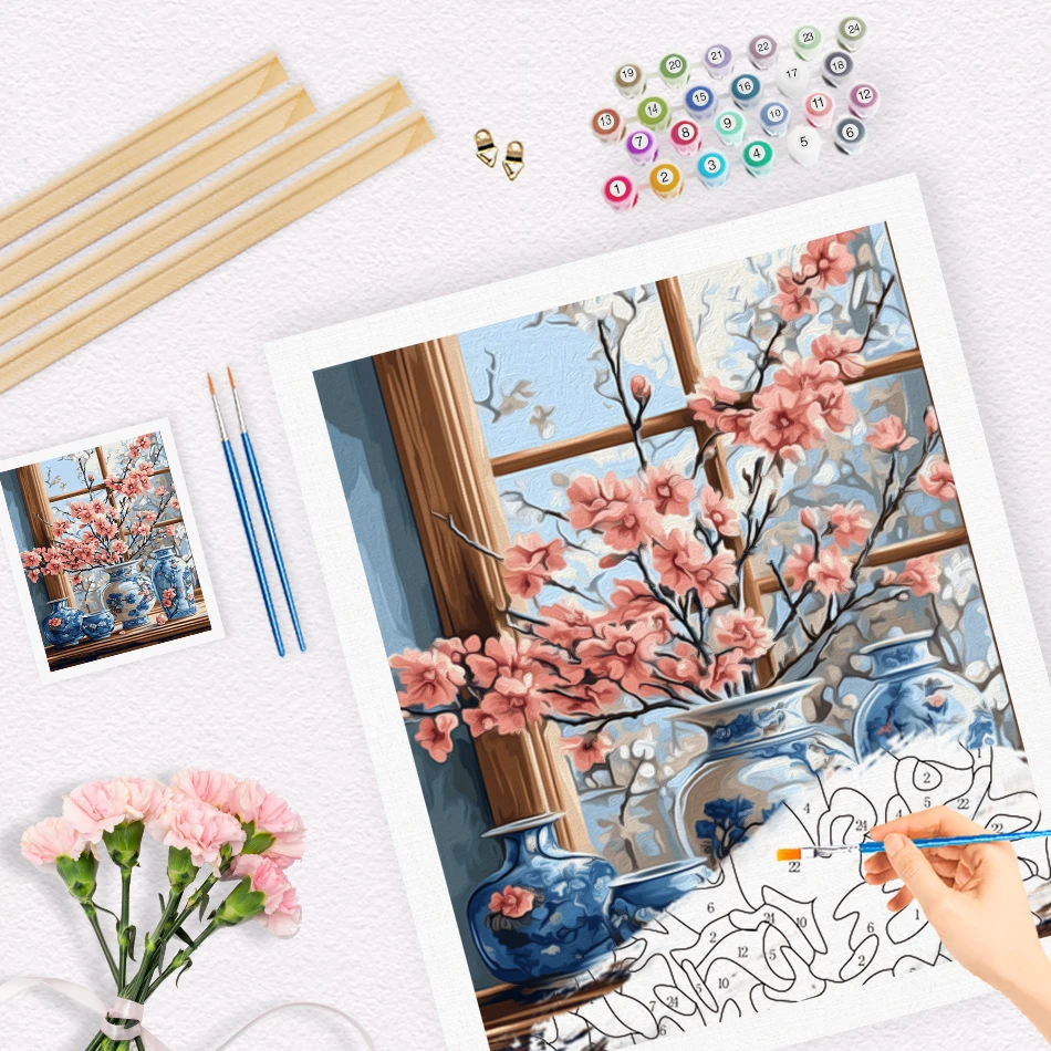 RUOPOTY Diy Malen nach Zahlen, Fensterbank, Blumenvase, Innenbereich, Zeichnen, Kunsthandwerk, Geschenk, Zeichnen nach Zahlen, dekoratives Gemälde-Set