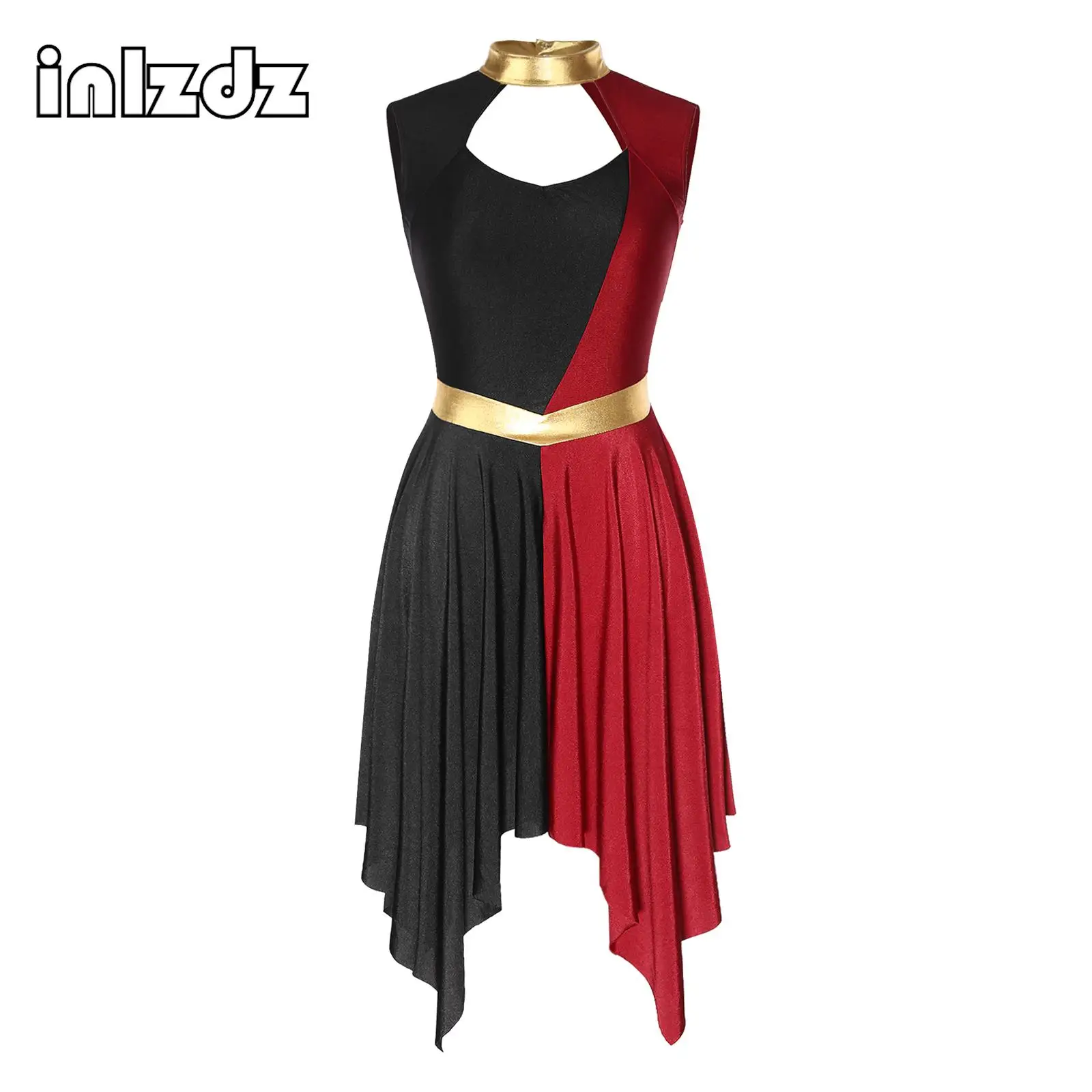 

Womens Color Block Patchwork Lyrical Dance Dress Cutout Sleeveless Irregular Hem Church Worship Stage Performance Costume