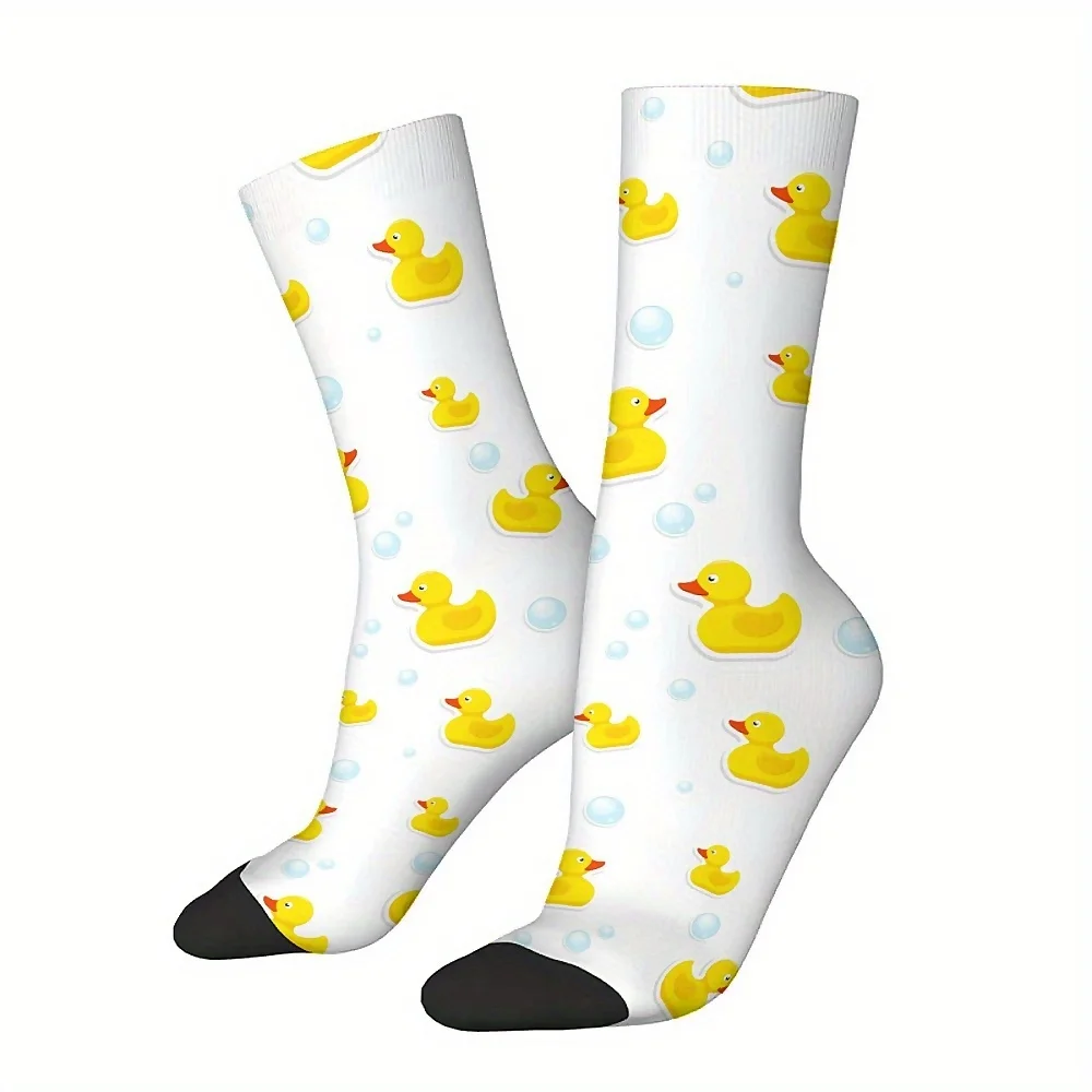 Harajuku-Style Crew Socks with Seamless Duck Pattern Print, Polyester and Spandex Blend, Hand Wash Only - Perfect Gift for Boys,