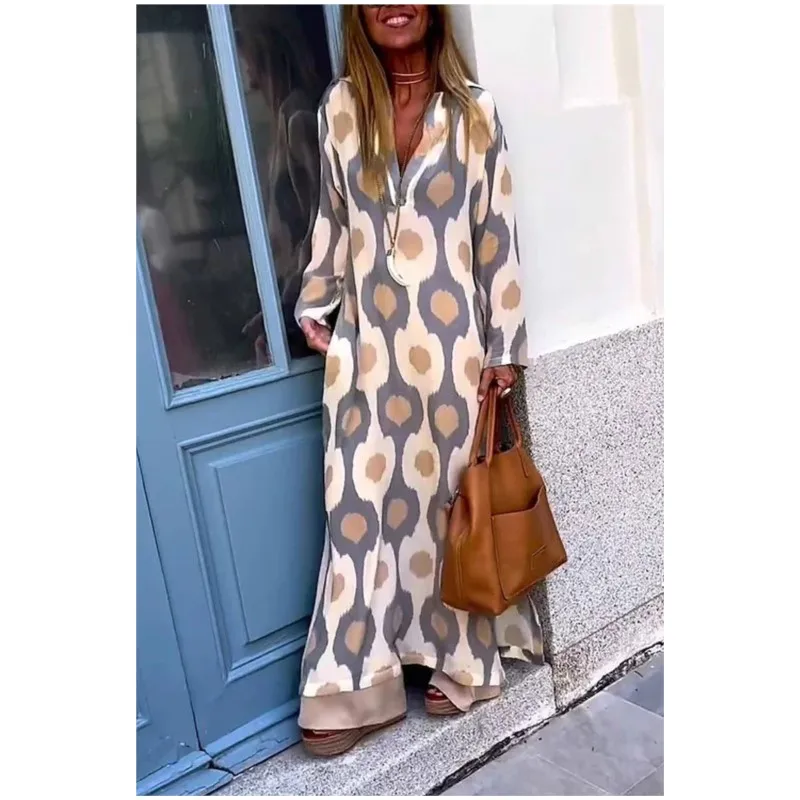 

Spring Autumn Casual V Neck Long Sleeve Dress Women Fashion Geometric Printing Split Maxi Dresses Holiday Beach Boho Dress 2024