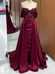 Sexy Mermaid Evening Dresses Pleats Satin Elegant Burgundy Vestido Off The Shoulder Sweetheart Lace Beads Customized Prom Gowns