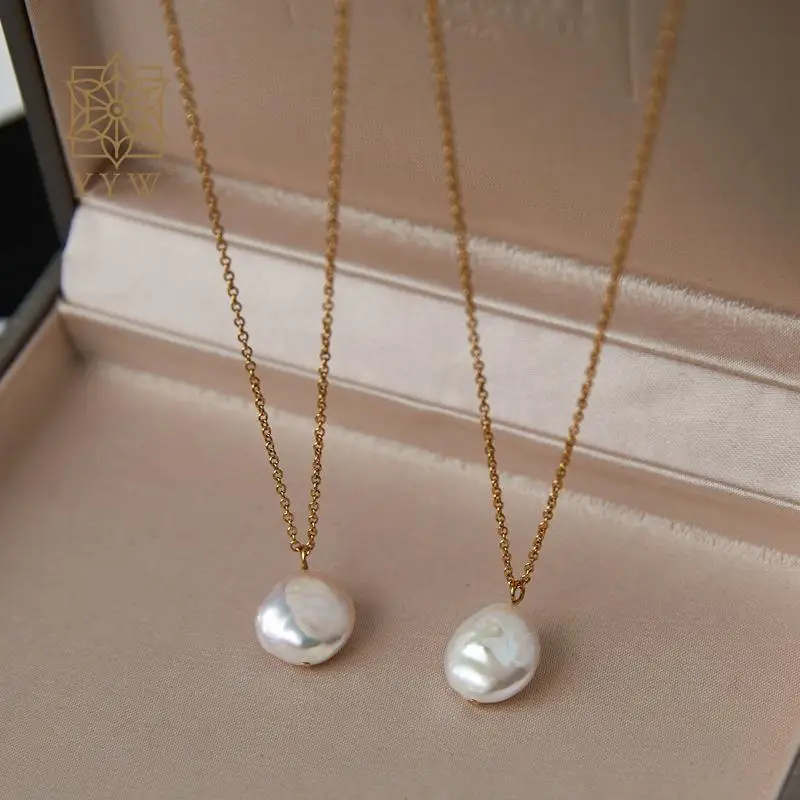 Luxury 12mm Freshwater Pearl Oval Chain Necklace With 2 Inch Extender Stand For Women 18k Gold Plated Titanium Steel Jewelry 1pc