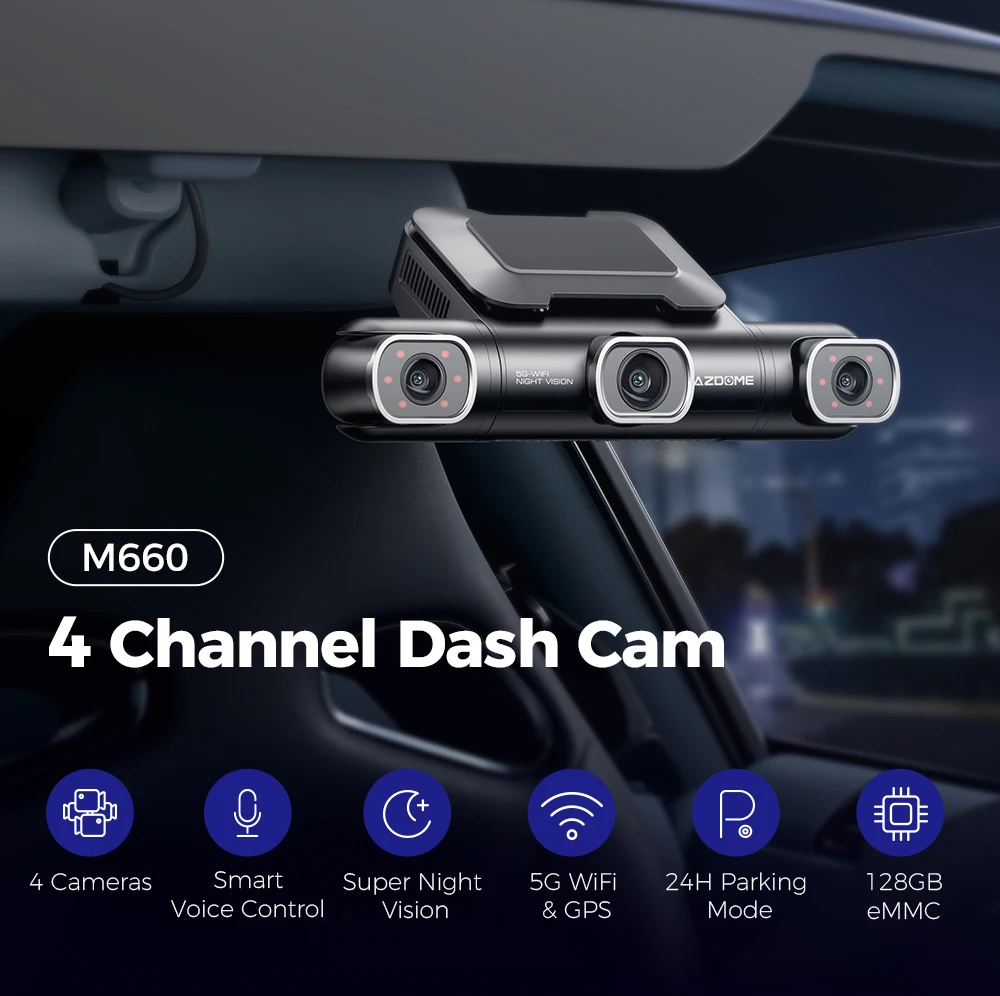 AZDOME M660 Dash Cam 2K+3*1080P 4CH Car DVR GPS 5G WiFi Built-in 128GB eMMC Voice Control 24H Parking Monitor Super Night Vision