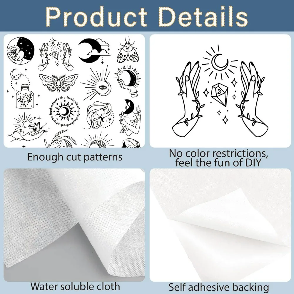 51Pcs Boho Moon Sun Water Soluble Embroidery Stabilizers Patterns Magic Tarot Hand Sewing Stick and Stitch A4 Transfers Fabric view 3