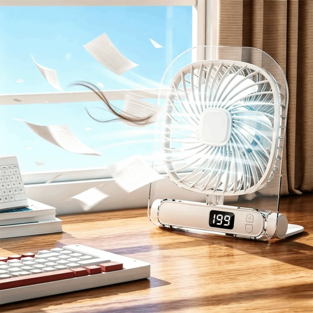 Plastic Rechargeable Portable Fan Digital Display Foldable Portable Cooling Fan Low Noise Rechargeable Desktop Fan