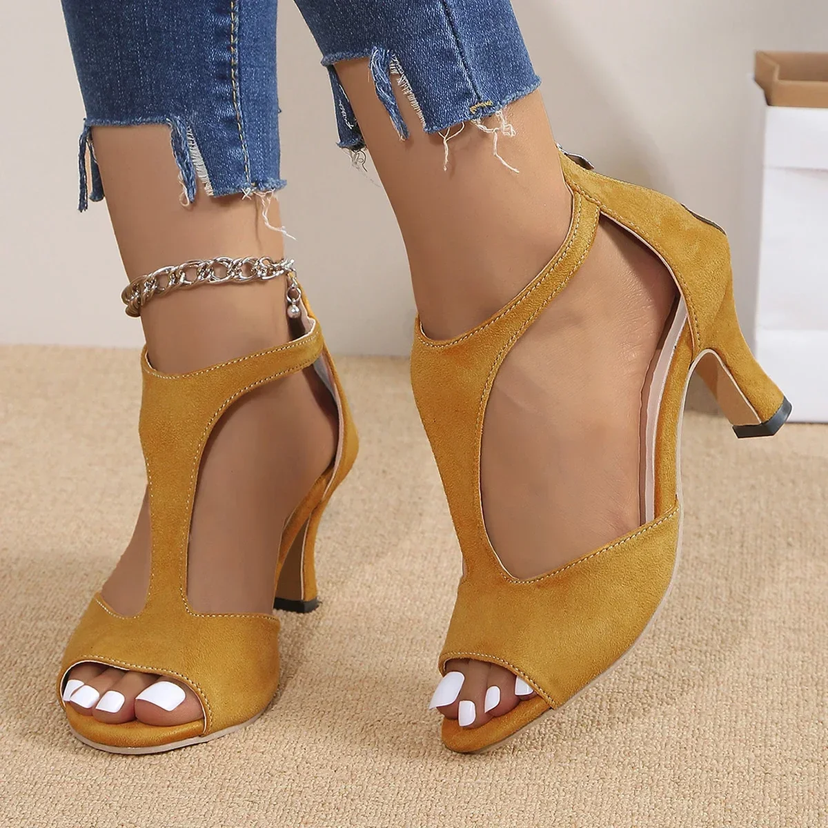 SIZE: 45 Heeled Sandals Women 2024 New Simple Back Zipper Fishmouth High Heels Women Shoes Summer Fashion Stiletto Women Sandals