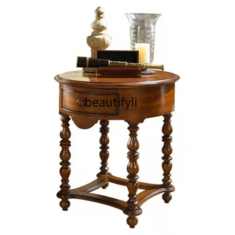 Solid Wood Carving Retro Coffee Table Distressed Light Luxury and Simplicity Coffee Table with Tea Table Drawers