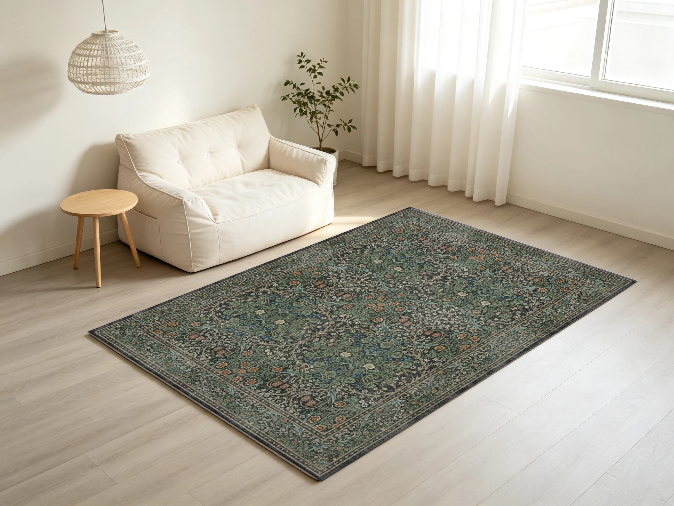 William Morris Green Botanical Square Carpet Flooring Vintage Floral Foliage Art Rug for Antique Style Home