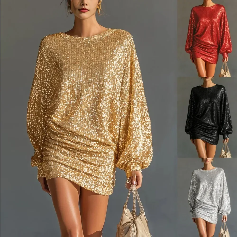 Women Lantern Sleeve Sequin Party Dress Elegant Short Bodycon Evening Gown Glitter Fashion