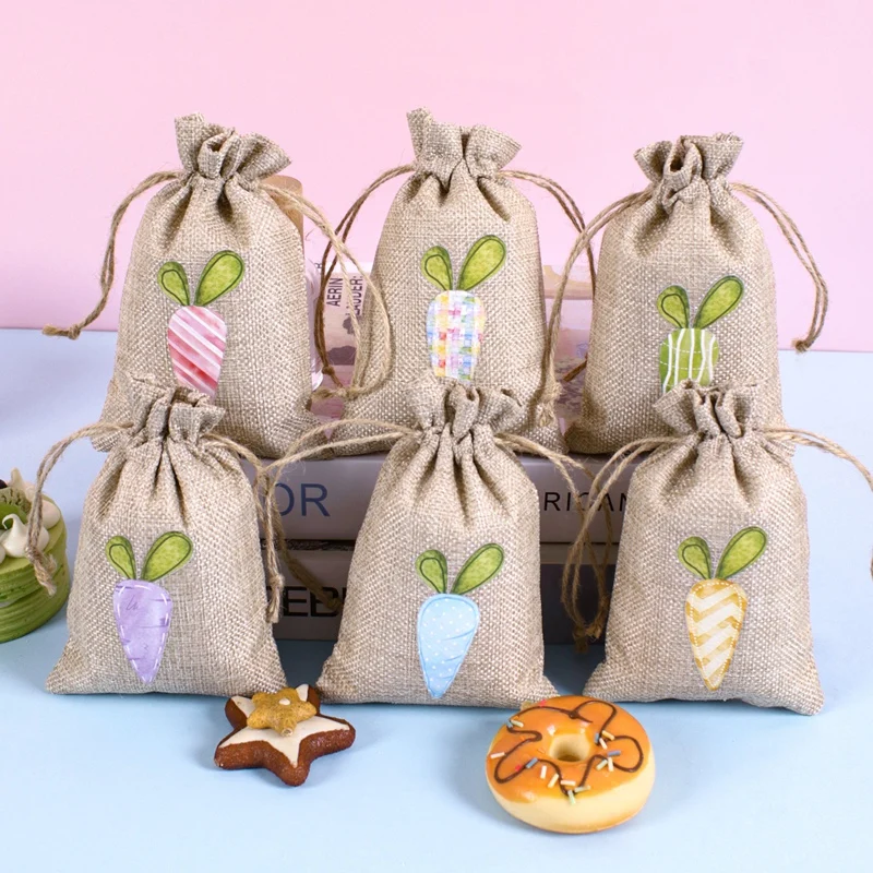 6pcs Easter Burlap Candy Bags Bunny Carrot Egg Pattern Jute Linen Treat Gift Bags for Easter Party Kids Cookies Snack Pack Bags
