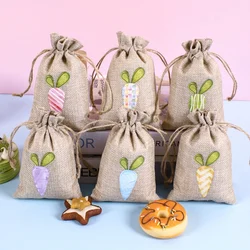 6pcs Easter Burlap Candy Bags Bunny Carrot Egg Pattern Jute Linen Treat Gift Bags for Easter Party Kids Cookies Snack Pack Bags