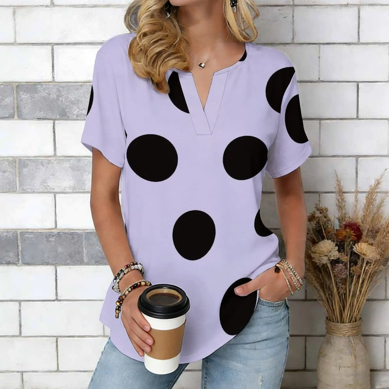 Women Print Notched V Neck Short Sleeve Casual Loose Tunic Tops