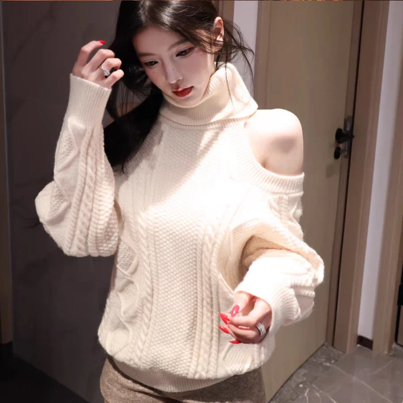 Autumn Winter Casual Solid High Collar Lapel Off Shoulder Long Sleeve Pullover 100% Wool Knitted Pullover For Women Sweater