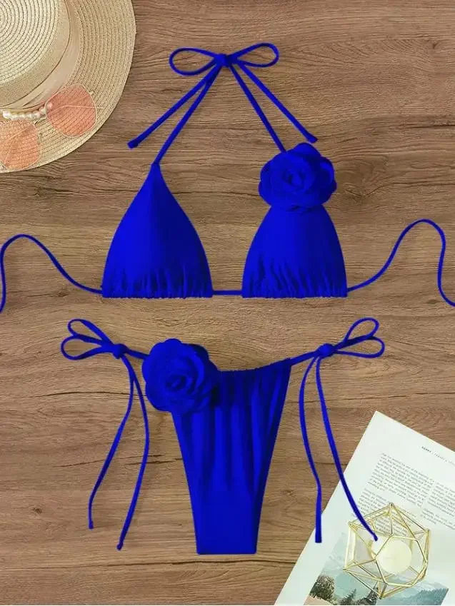 Sexy 3D Flowers Halter Strappy Bikini Women Swimwear Female Swimsuit Two-pieces Bikini Set Bather Bathing Suit Swim