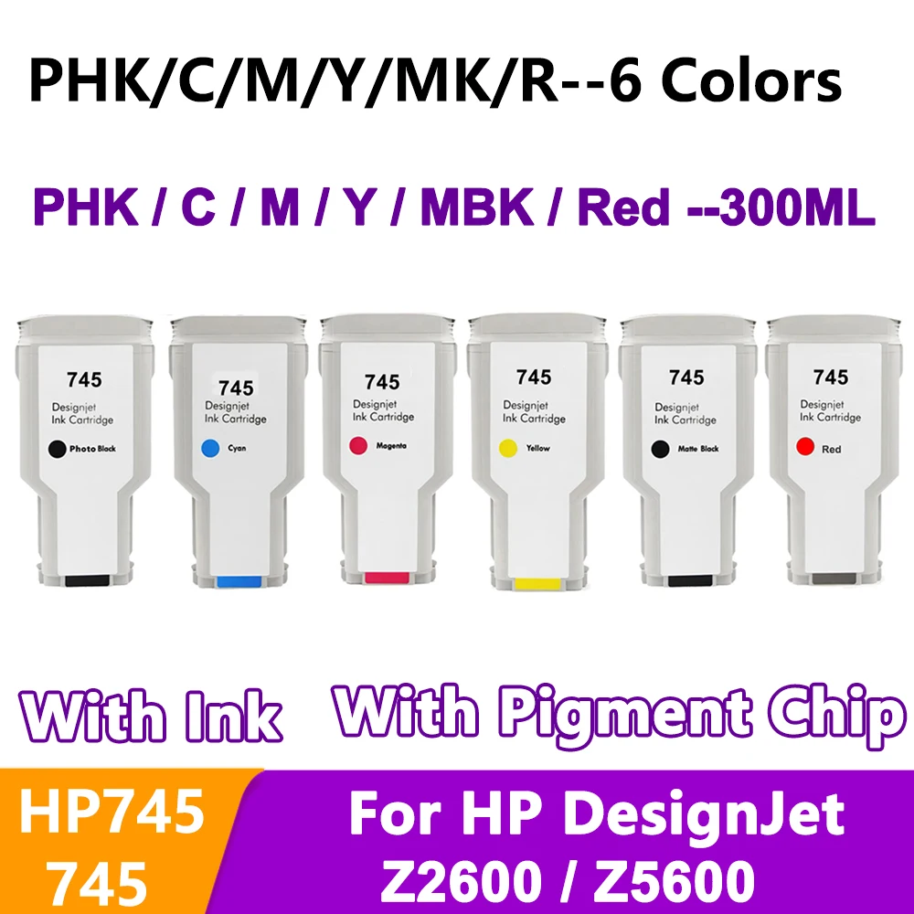 300ML 6Colors For HP 745 HP745 Ink Cartridge with Pigment Ink With Chip For HP DesignJet Z2600 Z5600 Printer