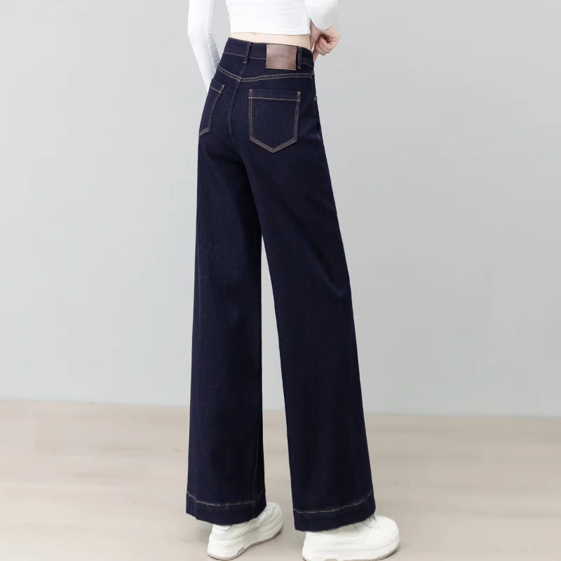 Ciemnoniebieskie modne jeansy damskie, jesienne nowości, wysoki stan, luźne, elastyczne, proste spodnie o szerokich nogawkach dla niskich kobiet, styl casual.