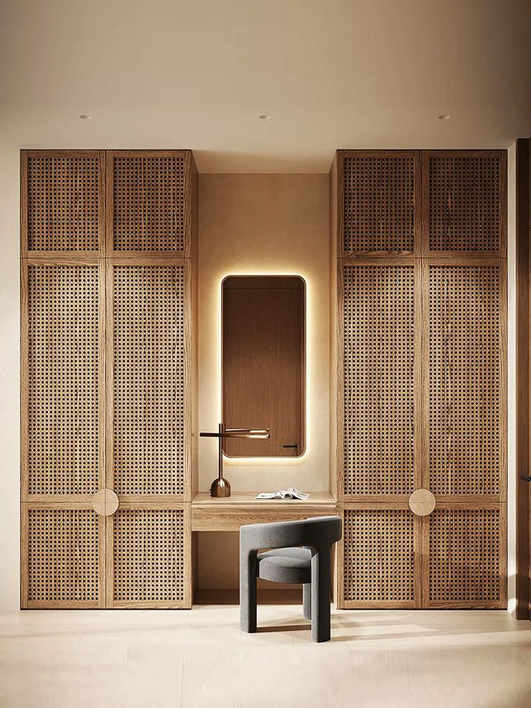 Vintage Solid Wood Wardrobe Integrated Dressing Table &Wardrobe Log-Style Four-Door Closet Wabi-Sabi Style Custom Walk-In Closet