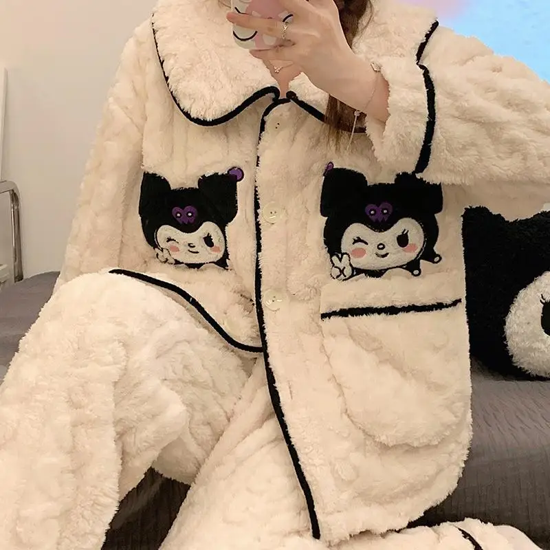 Hot Sanrio Kit Girl Coral Fleece Flip Collar Keep Warm Cardigan Pajama Set Kawaii Kuromi Comic Fashion Thickening Home Clothes