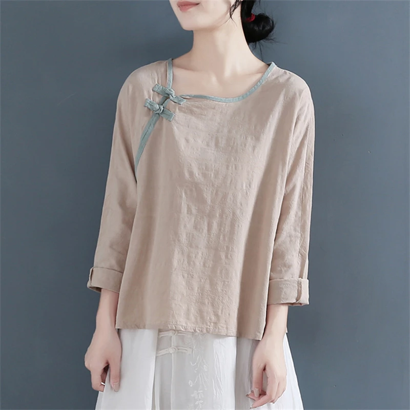 Women\'s Vintage Chinese Ethnic Style Cotton Linen Blouse Fashion Patchwork Chic Loose Shirt Solid Long Sleeve Tops Blusas Mujer