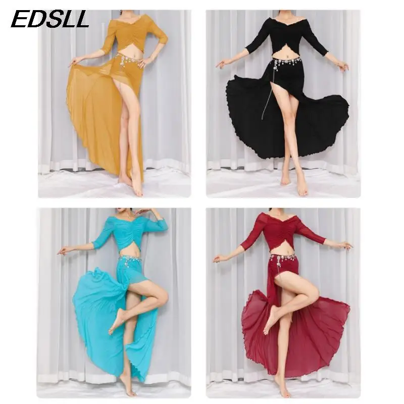 Adult Belly Dance Oriental Practice Set Women Elegant Top+ Sexy Split Skirt Clothes Suit Bellydance Stage Performance