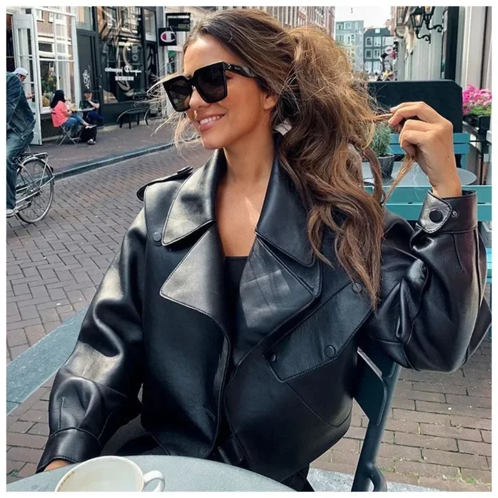 2025 New Fashion Women Faux Leather Jacket Spring  Biker Coat Turndown Collar PU Motorcycle Jackets Loose Streetwear Outerwear