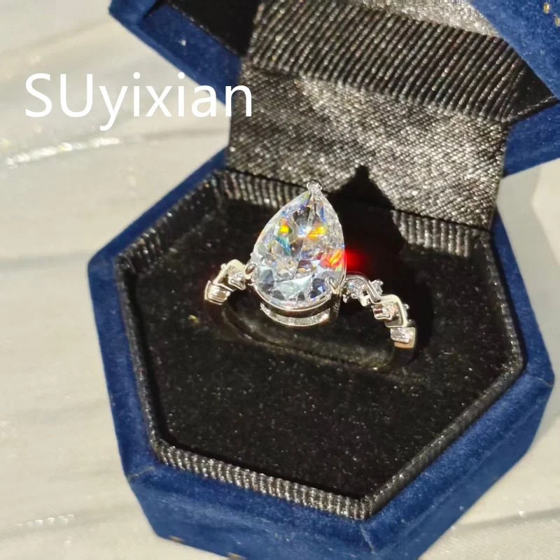 925 Sterling Silver Fashion Light Luxury Water Drop Shaped Pear Shaped Ice Flower Cut Shining Zircon Ladies Elegant Wave Ring