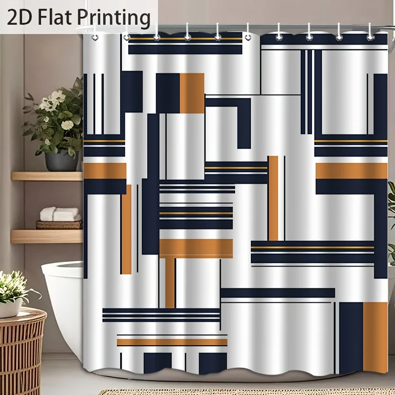 1pc with Hook, Modern Abstract Geometric Line Pattern 2D Flat Shower Curtain, Machine Washable, High-End Elegant Bathroom Curtai