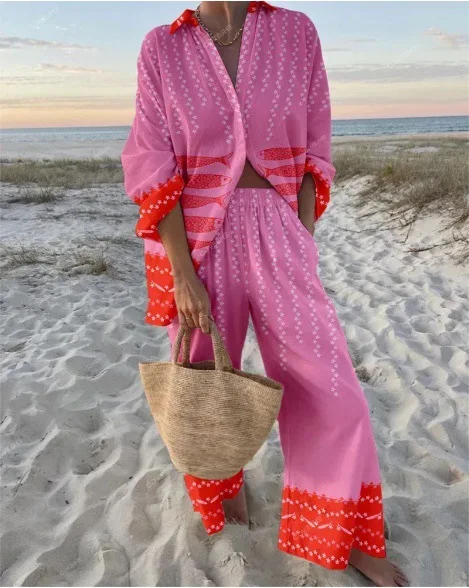 Spring Autumn New Printed Pant Sets Women Fashion Long Sleeve T Shirt Wide Legs Trousers Two Piece Set Female Trendy Streetwear