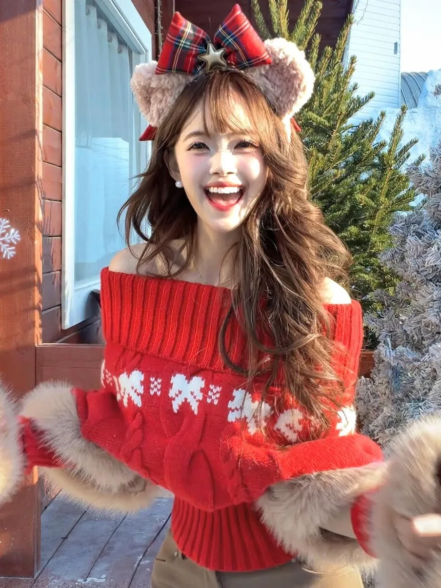 

Красный вязаный свитер на одно плечо, женский осенне-зимний Cisas Aosphere oulder Exposure, уникальный красивый Thiened Casual ...