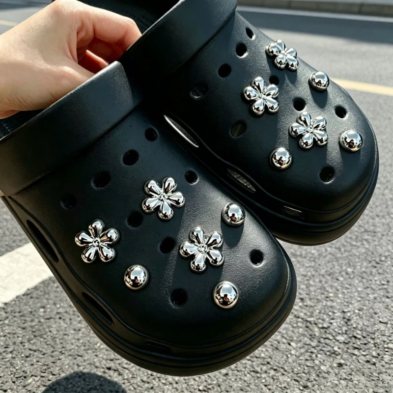 12 Pieces Silver Dot Diamond Flower ABS Pearl Shoe Buckle DIY Decoration for Women's Sandals Slippers Beach Bag Multi-Function