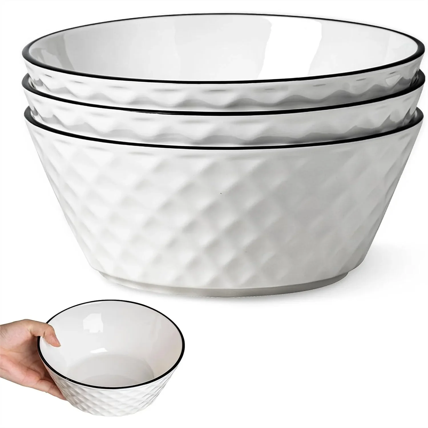 

Deep Soup Bowls Set of 3, Large 46oz Cereal Bowls with Diamond Pattern, Dishwasher & Microwave Safe for Easy Clean
