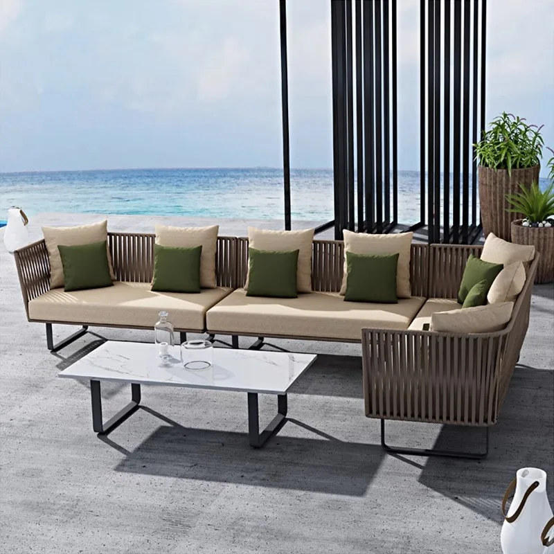 OR-Elegant Modern Garden Villa Hotel Outdoor Sofa Set Brushed Aluminum Three-Seater with Tight Rope Weaving Metal Material!