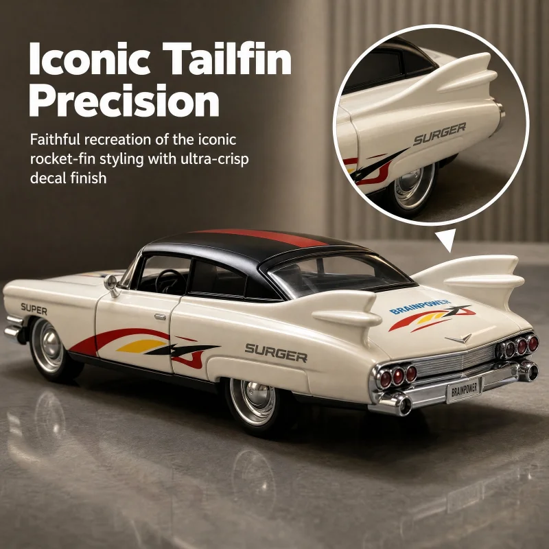 1:36 Vintage Alloy Sedan Model with Big Tail Fins, Racing Decals, Openable Two Doors, Home & Office Display Ornament