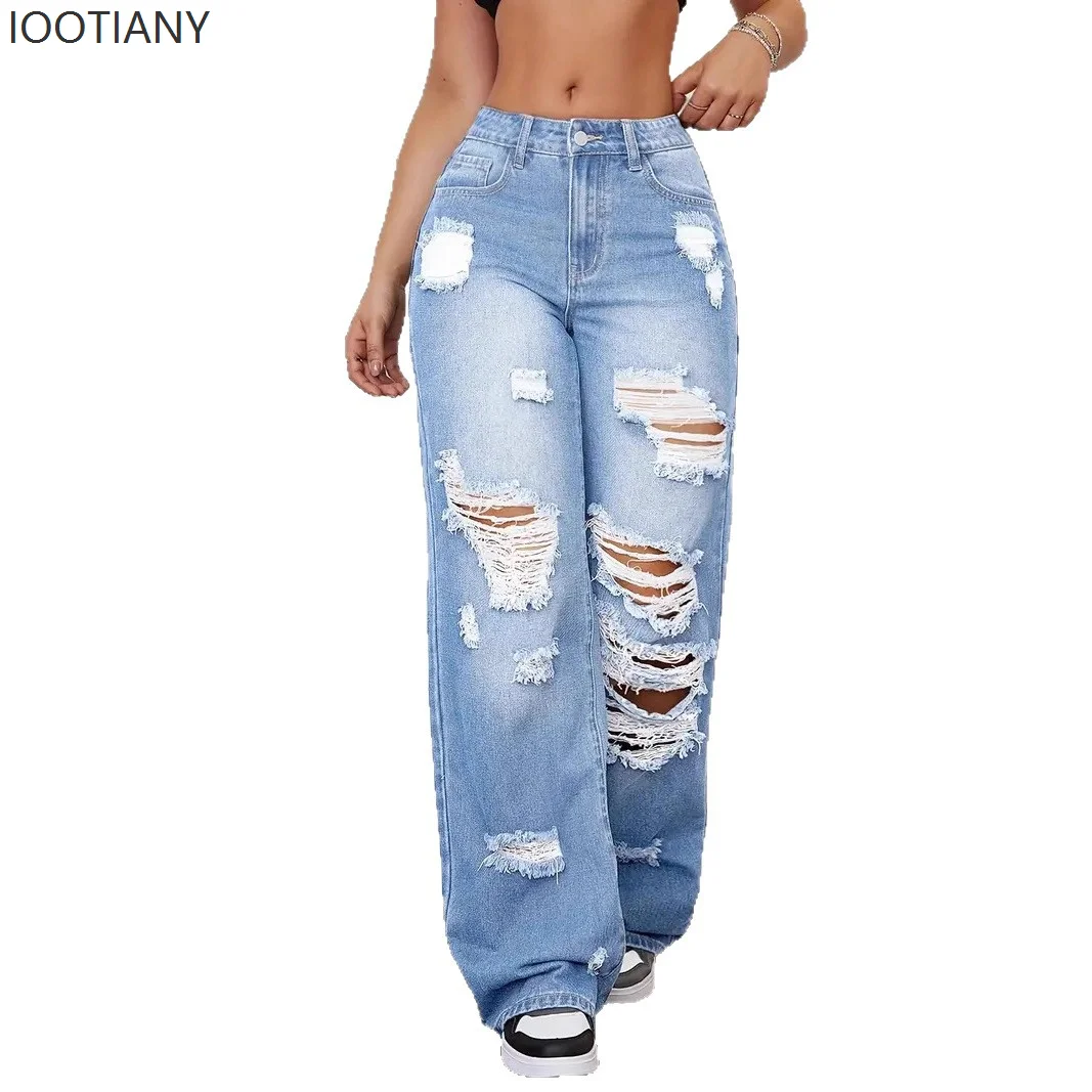 Delikli Kot Kadınlar İçin Geniş Paça Pantolon Vintage Yıkanmış Yırtık Kotlar Yerlere Kadar Yüksek Bel Eskitme Sokak Giyim Kadın Pantolonu