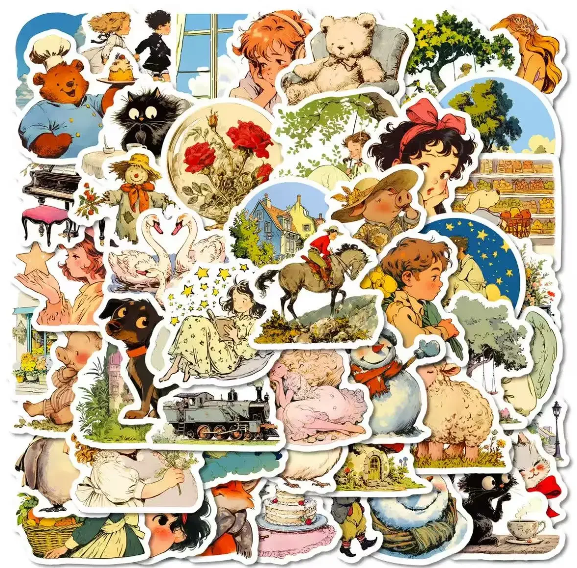 50 pastoral comic-style graffiti stickers, suitable for decorating notebooks, helmets, and as reward stickers for children.