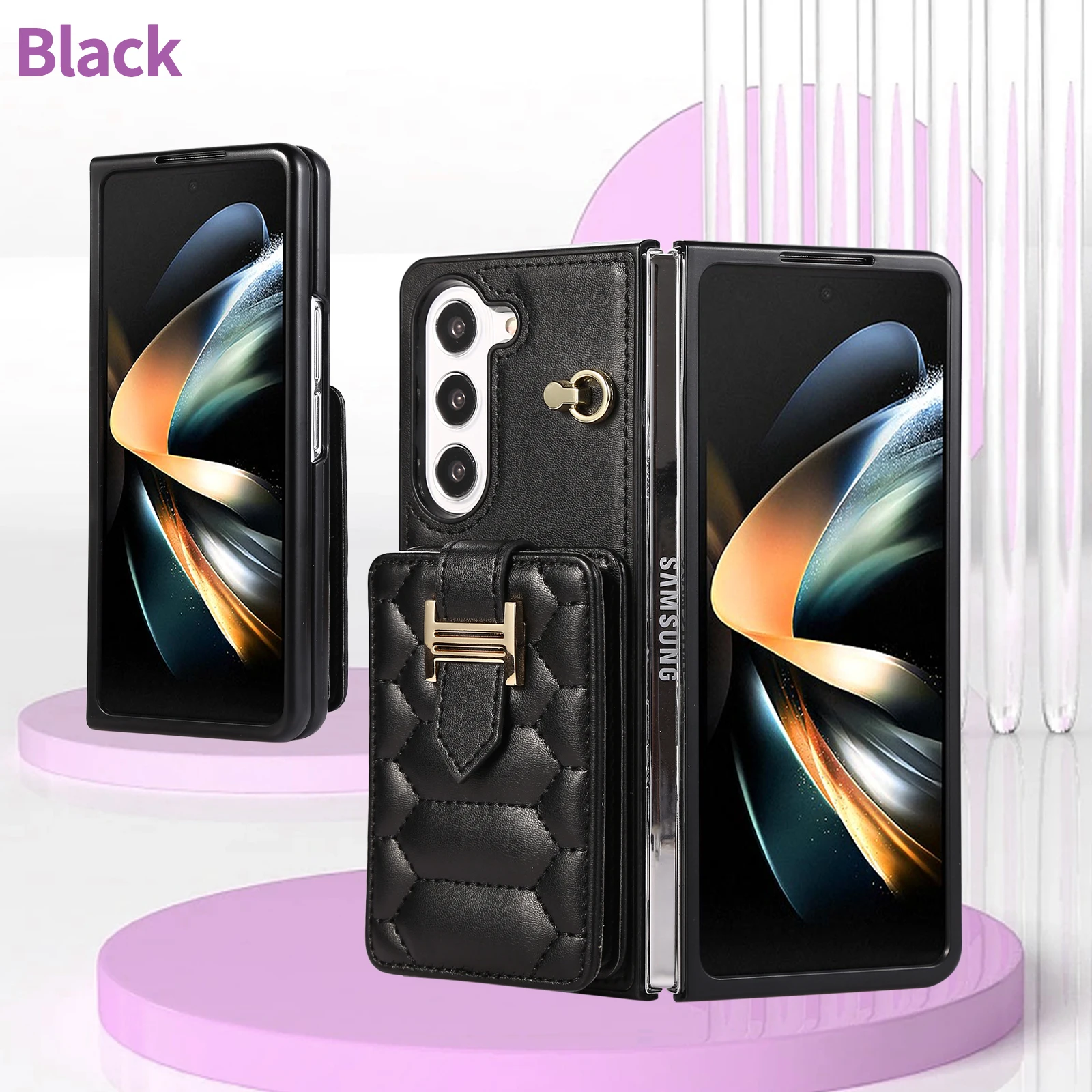 

For Coque Samsung Z Fold4 4 Fold 5 Case PU Leather Crossbody Lanyard Holder Magnetic Snap Wallet Phone Cover for Galaxy Z Fold3