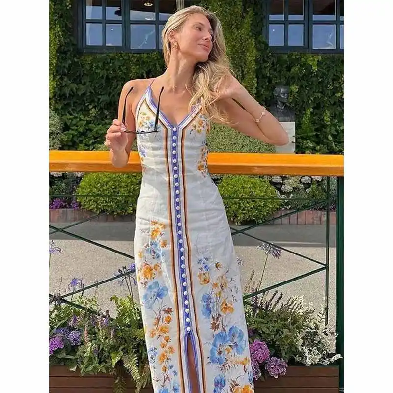 

Шикарное макси-платье с принтом и воротником-стойкой для женщин, Cleanfit H Version 2024, модное льняное платье с рукавом три четверти Ciwalk