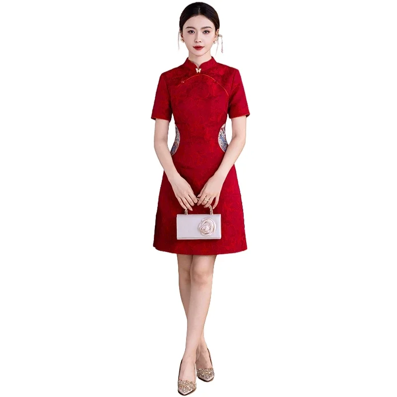

Восточное платье в китайском стиле, женское красное современное платье Cheongsam 2025 с вышивкой Qipao, тонкое свадебное платье