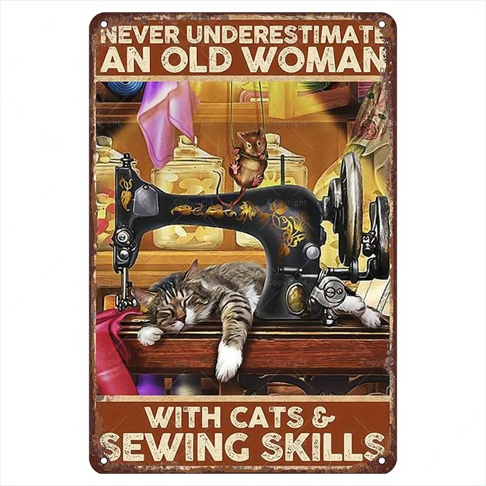 Vintage Sewing Cat Metal Sign - Perfect for Tailors & Cat Enthusiasts, Home Decor & Craft Lover Gift