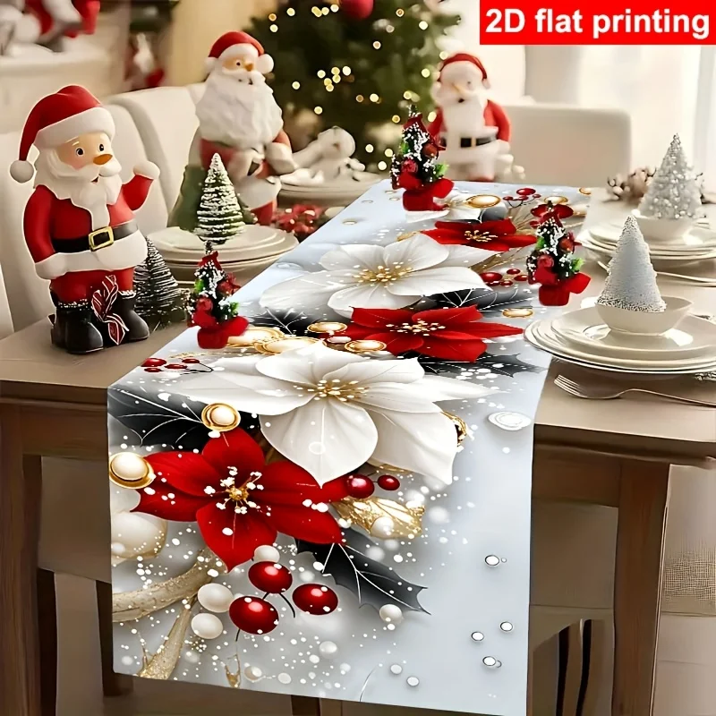1PC 2D Flat Christmas Table Runner Red Green Holiday Decoration for Festive Parties Family Dinners Kitchen Dining Table Cover