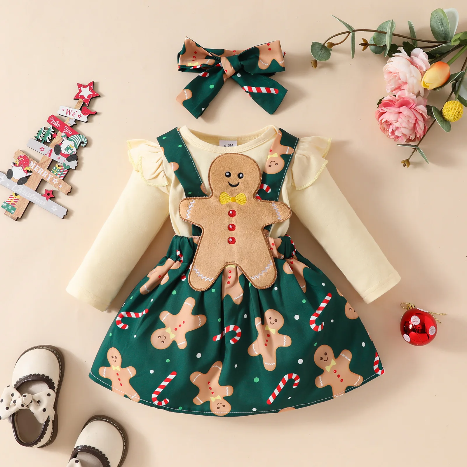 Baby Christmas Long Sleeve Top Suspender Skirt Set Santa Claus Dress Solid Color Bodysuit